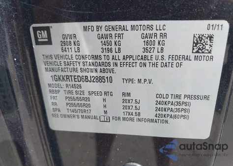 2011 GMC Acadia Denali z USA, uszkodzony, nr VIN 1GKKRTED6BJ288510